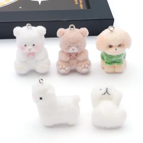3D Flocked Resin Animal Charms Cute Bear Dog Alpaca Polar Bear Figures For Keychain Jewelry Making DIY Bag Accessories Charms