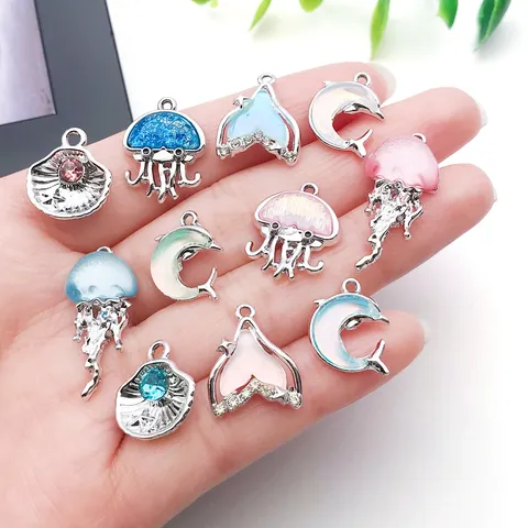 Alloy Ocean Theme Charms Mixed Marine Animal Jellyfish Dolphin Starfish Fish Tail Rhinestone Pendant Charms For Handmade DIY Jewelry Making Earrings Necklace Keychain