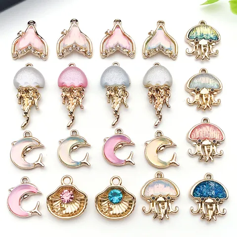 Alloy Ocean Theme Charms Dolphin Jellyfish Fish Tail Rhinestone Pendants For DIY Craft Earring Necklace Bracelet Making Accessories