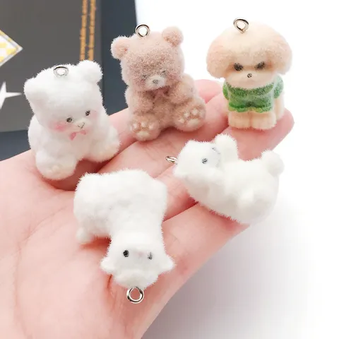 3D Flocked Resin Animal Charms Cute Bear Dog Alpaca Polar Bear Figures For Keychain Jewelry Making DIY Bag Accessories Charms