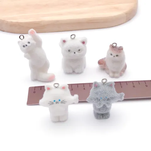 Cute 3D Flocked Resin Cat Dog Charms Cartoon Animal Miniature Figurines For DIY Keychain Pendant Jewelry Making Crafts Accessories