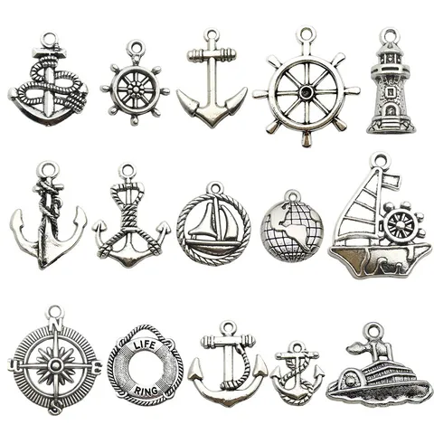 Vintage Zinc Alloy Nautical Charms Antique Silver Anchor Rudder Sailboat Pendants For DIY Jewelry Making Necklaces