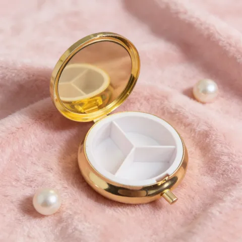 Portable Metal Pill Box Mini Round Travel Storage Case 3-Grid Pill Organizer With Mirror Small Jewelry Container