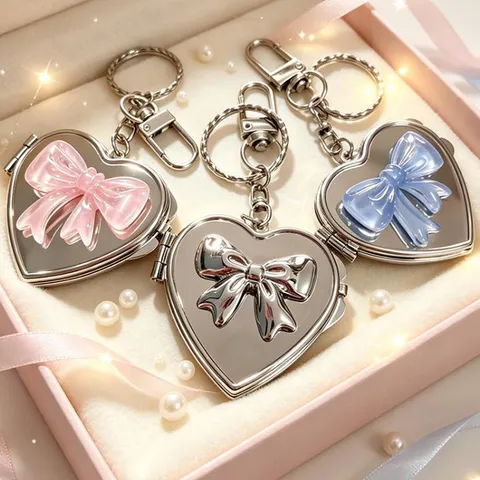 Cute Heart Double Sided Makeup Mirror Keychain With Bow Star Pendant Ins Style Silver Metal Bag Charm Women Key Ring Gift
