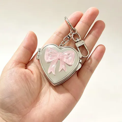 Cute Heart Double Sided Makeup Mirror Keychain With Bow Star Pendant Ins Style Silver Metal Bag Charm Women Key Ring Gift