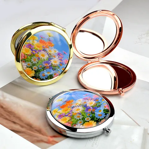 Portable Double Sided Makeup Mirror Metal Compact Pocket Daisy Floral Printed Cosmetic Mirror Small Round Mirror For Women Daily Makeup
