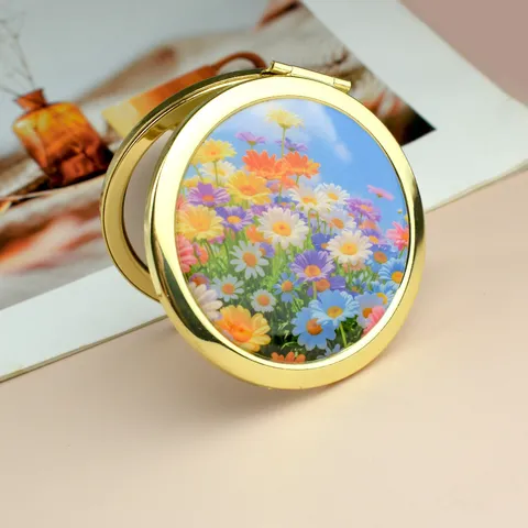 Portable Double Sided Makeup Mirror Metal Compact Pocket Daisy Floral Printed Cosmetic Mirror Small Round Mirror For Women Daily Makeup
