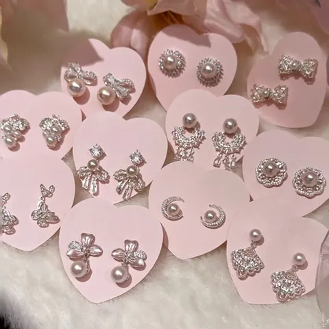 Elegant Artificial Pearl Cherry Blossom Rhinestone Stud Earrings For Women Sweet Pink Flower Bow Dangle Earrings Lightweight Fashion Jewelry Silver Post