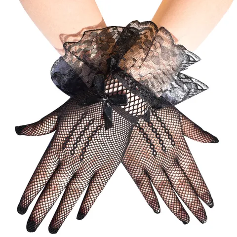 Bridal Gloves Full Finger Fishnet Lace Bow Wedding Party Dress Up Perform Gloves For Women Elegant Sexy Evening Accessories