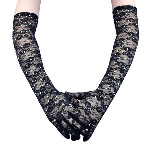 Damen Lange Jacquard Spitze Handschuhe Elegant Strass Sonnenschutz Transparent Fingerhandschuhe Für Party Bühne Performance Abend Clubwear Zubehör