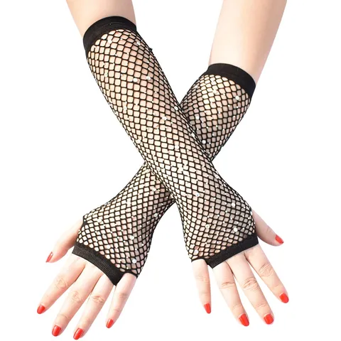 Damen Sexy Lange Netzhandschuhe Strass Elegante Fingerlose Maschenhandschuhe Für Party Nachtclub Mode Performance Zubehör
