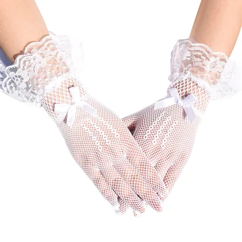 Bridal Gloves Full Finger Fishnet Lace Bow Wedding Party Dress Up Perform Gloves For Women Elegant Sexy Evening Accessories