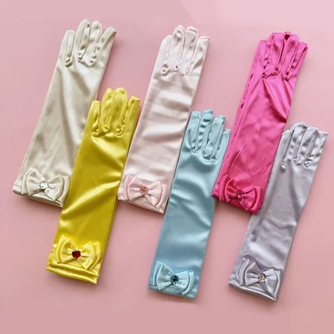 Kids Satin Long Gloves Princess Bowknot Rhinestone Long Mitten For Girls Stage Performance Dance Costume Gloves Accessories