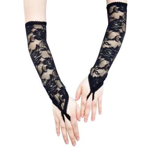 Damen Elegante Rose Spitze Fingerlose Handschuhe Sonnenschutz Lange Fäustlinge Für Hochzeit Braut Party Ball Kostüm Zubehör