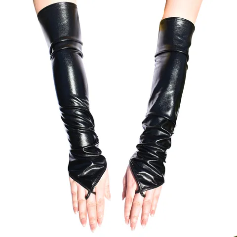 Guantes Extra Largos de Cuero Charol para Mujer con Bucle de Dedo Brillante Metálico Punk Fiesta Halloween Accesorios