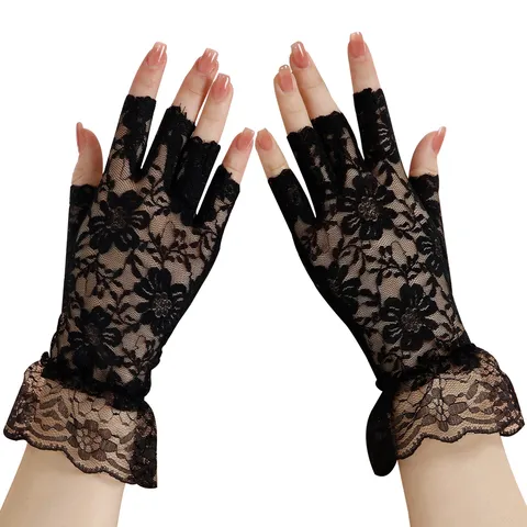 Damen Blumen Spitze Fingerlose Sonnenschutz Handschuhe Elegante Nylon Rüschenbündchen Halbfinger Handschuhe Für Hochzeit Reise Party