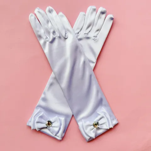 Kids Satin Long Gloves Princess Bowknot Rhinestone Long Mitten For Girls Stage Performance Dance Costume Gloves Accessories