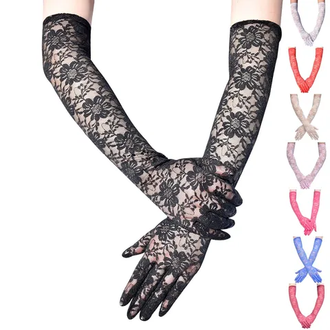 Damen Elegante Lange Spitzenhandschuhe Sonnenschutz UV-Schutz Floral Jacquard Muster Hochzeit Tanz Performance Party Handschuhe