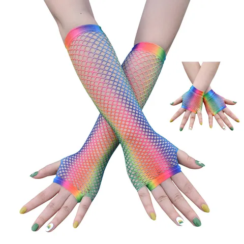 Women Rainbow Fishnet Gloves Elastic Mesh Fingerless Gloves For Masquerade Hip Hop Party Accessories Nylon Arm Sleeves