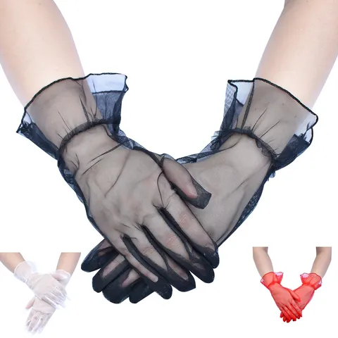 Damen Halbdurchsichtig Netzspitze Brauthandschuhe Elegant Rüschen Durchsichtig Abendhandschuhe Sommer Sonnenschutz Opernhandschuhe Kleid Zubehör