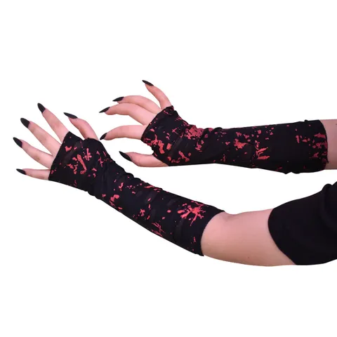 Guantes sin Dedos Góticos de Poliéster con Salpicaduras Negras y Rojas Disfraz de Carnaval Halloween Mangas Largas Rotas para Fiesta