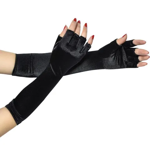 Damen Lange Satin Fingerlose Handschuhe Vintage Nylon Party Tanz Abschlussball Formelle Hochzeit Abendkleid Handschuhe Schwarz