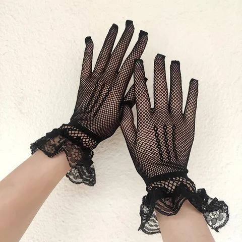 Sexy Fishnet Gloves With Lace Trim For Women Full Finger Ruffled Wrist Elastic Mesh Gloves For Stage Performance Party Costume Accessories