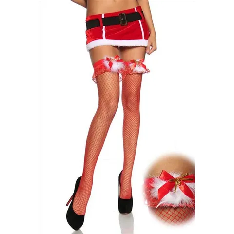 Sexy Red Fishnet Thigh High Stockings For Women Christmas Theme Cosplay Long Socks With White Feather Trim Ribbon Bows Small Bells Festival Party Underwear Accessories