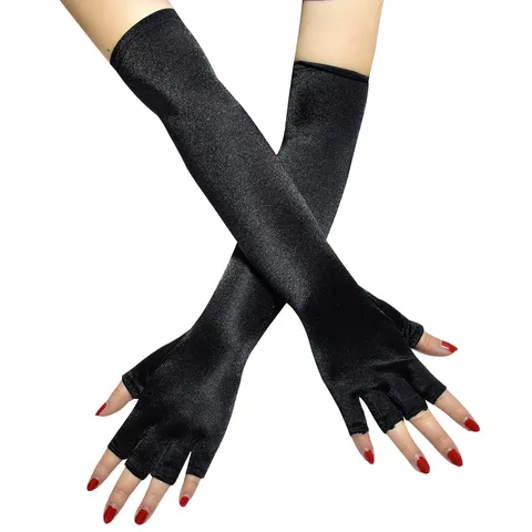 Damen Lange Satin Fingerlose Handschuhe Vintage Nylon Party Tanz Abschlussball Formelle Hochzeit Abendkleid Handschuhe Schwarz