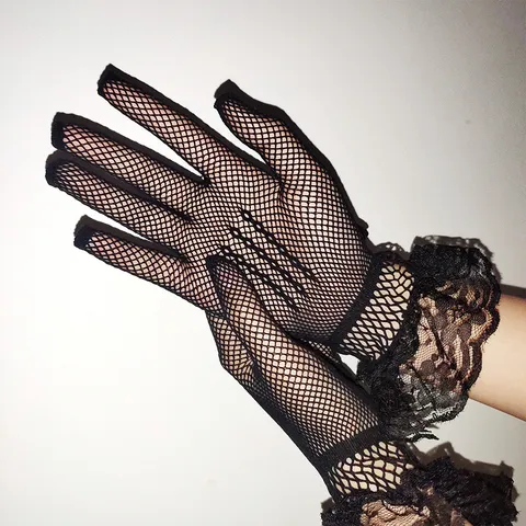 Sexy Fishnet Gloves With Lace Trim For Women Full Finger Ruffled Wrist Elastic Mesh Gloves For Stage Performance Party Costume Accessories