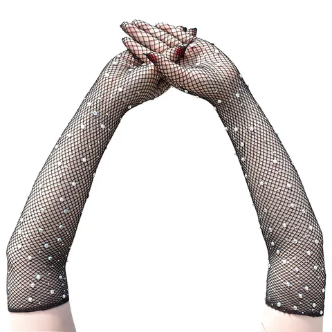Damen Fischnetz Strass Handschuhe Elastische Netz Lange Handschuhe Für Retro Party Cosplay Kostüm Accessoire Funkelnde Diamant Handschuhe