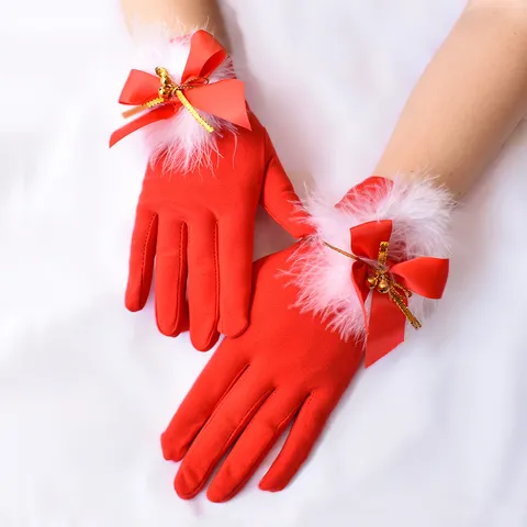 Guanti di Natale Donna Carino Poliestere Guanti Con Finitura in Piume Fiocco Campanelli d-Oro Festivo Accessoires Inverno