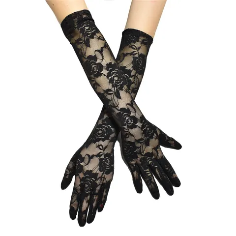 Damen Lange Spitze Handschuhe Elegant Groß Blumen Mesh Fingerhandschuhe Sexy Dark Gothic Stil Formelle Party Clubwear Accessoire