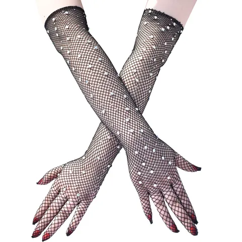 Damen Fischnetz Strass Handschuhe Elastische Netz Lange Handschuhe Für Retro Party Cosplay Kostüm Accessoire Funkelnde Diamant Handschuhe