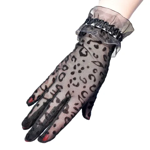 Damen Sexy Leopardenmuster Atmungsaktiv Netz Handschuhe Transparent Sonnenschutz Kurz Rüschenrand Mode Handschuhe