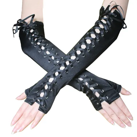 Damen Punk Fingerlose Satin Handschuhe Lang Schnürung Mit Metallösen Bändern Für Nachtclub Party Gothic Performance