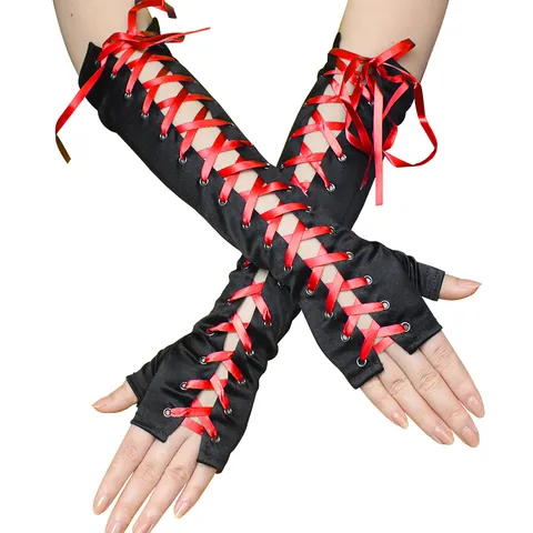 Damen Punk Fingerlose Satin Handschuhe Lang Schnürung Mit Metallösen Bändern Für Nachtclub Party Gothic Performance