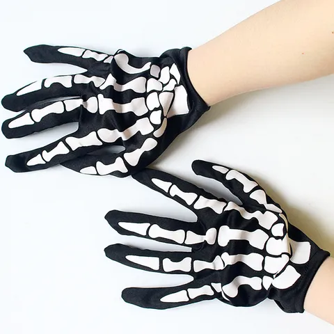 Halloween Skeleton Gloves Cosplay Costume Props Black Spandex Skeleton Hand Print Gloves For Performance Party Stage Adult