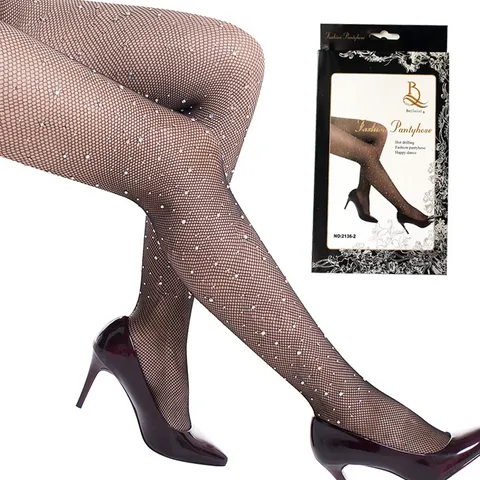 Sexy Damen Netzstrumpfhose mit Strasssteinen Hochelastisch Glänzende Netzstrümpfe Nachtwäsche Strumpfhose