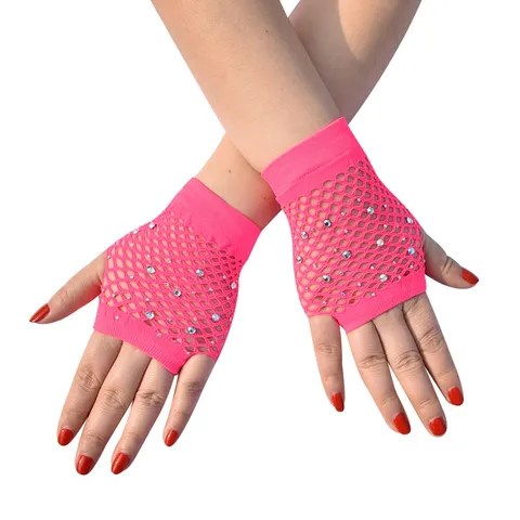 Vintage Rhinestone Fishnet Gloves Short Fingerless Mesh Gloves For Women Christmas Halloween Party Punk Mesh Mittens