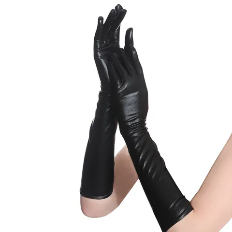 Women Long Patent Leather Gloves Metallic Shiny Gold Silver Black Sexy Over Elbow Finger Gloves For Stage Performance Clubwear