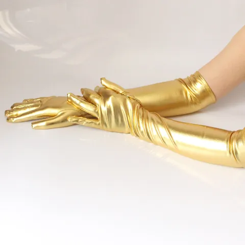 Women Long Patent Leather Gloves Metallic Shiny Gold Silver Black Sexy Over Elbow Finger Gloves For Stage Performance Clubwear