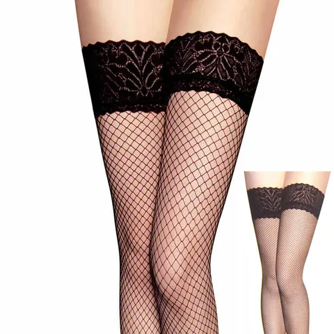 Damen Sexy Spitzenbesatz Oberschenkelhohe Netzstrümpfe Hohlmasche Lange Strumpfhosen Schwarz Weiß Rot Hautfarben Socken