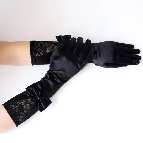 Damen Lange Satin Handschuhe Mit Schleife Spitzen Patchwork Für Hochzeit Braut Tanz Party Etikette Abend Elegante Schwarze Handschuhe