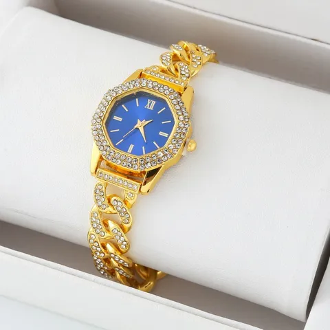 Lussuoso Orologio da Donna al Quarzo con Strass Color Oro Cinturino a Catena Cubana Orologio Elegante da Gioielleria Regalo