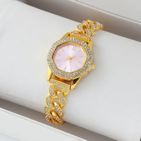 Lussuoso Orologio da Donna al Quarzo con Strass Color Oro Cinturino a Catena Cubana Orologio Elegante da Gioielleria Regalo