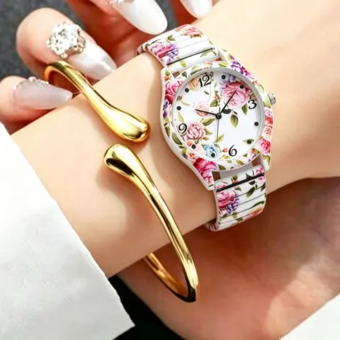 Dames Genève Bloemenprint Siliconen Horloge Met Gouden Metalen Armband Set Modieus Patroon Kwartshorloge Cadeau