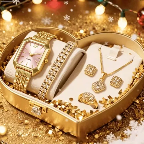 Orologio al Quarzo Rettangolare in Lega con Strass Set di Gioielli Quadrante con Numeri Romani Bracciale a Catena Collana Orecchini Anello Set Regalo da Donna