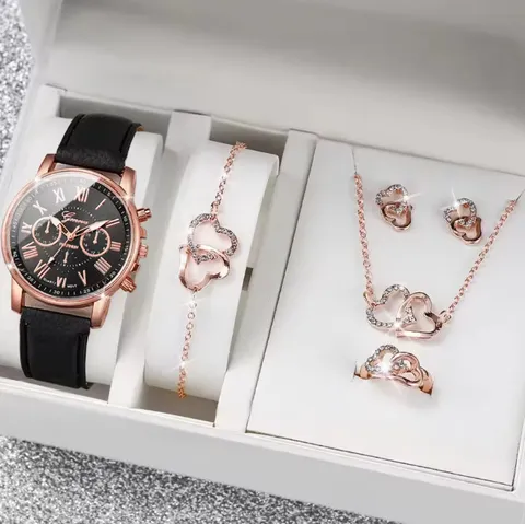 Orologio Quadrato con Numeri Romani e Set di Gioielli da Donna in Lega Strass Orologio al Quarzo con Collana Orecchini Anello Braccialetto Set Gioielli
