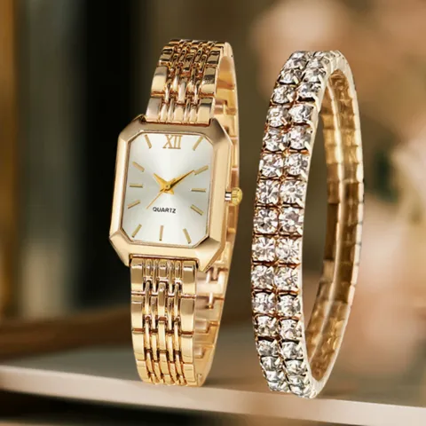 Women Fashion Quartz Bracelet Watch And Rhinestone Bangle Combination Gold Silver Alloy Chain Rectangle Dial Ladies Wristwatch Jewelry